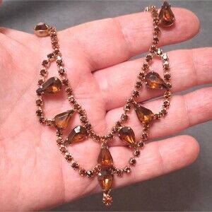 Vintage Topaz Rhinestone Festoon Necklace Teardrop Stones